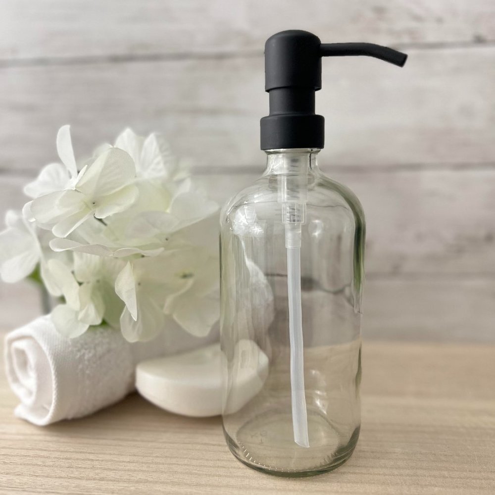 SET OF 2: 16 OZ. GLASS SOAP DISPENSER W/ METAL PUMP (CLEAR GLASS/BLACK PUMP)